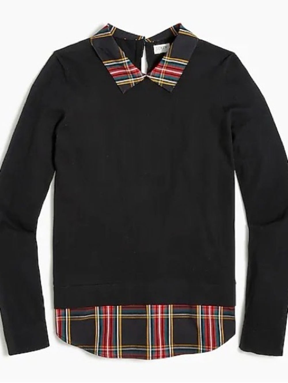 J.Crew Black Woven Sweater with Plaid Collar and Hem